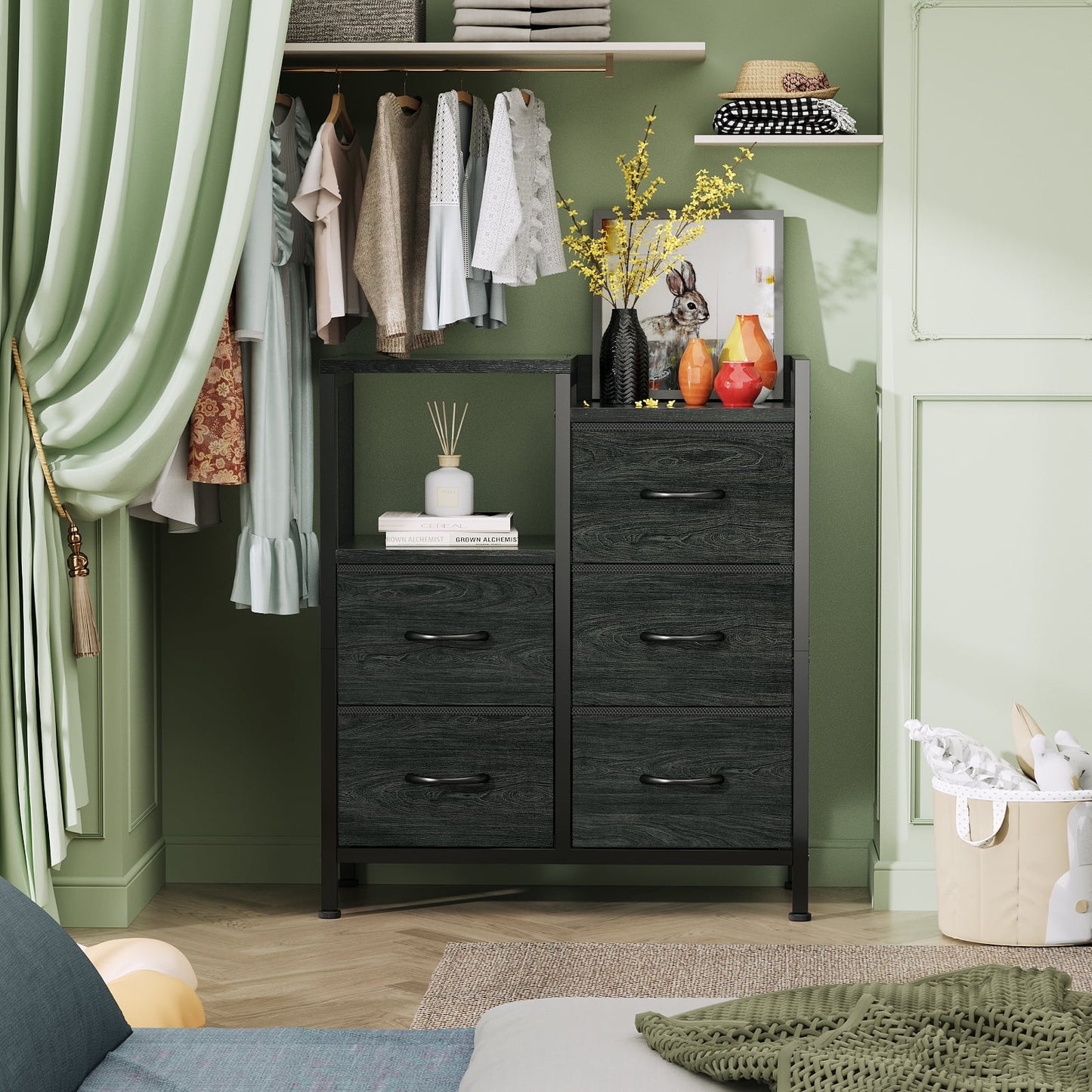 TYDIMOR 5 Drawer Fabric Dresser for Bedroom, Black Oak Chest for Closet & Living Room, Ideal for Adults
