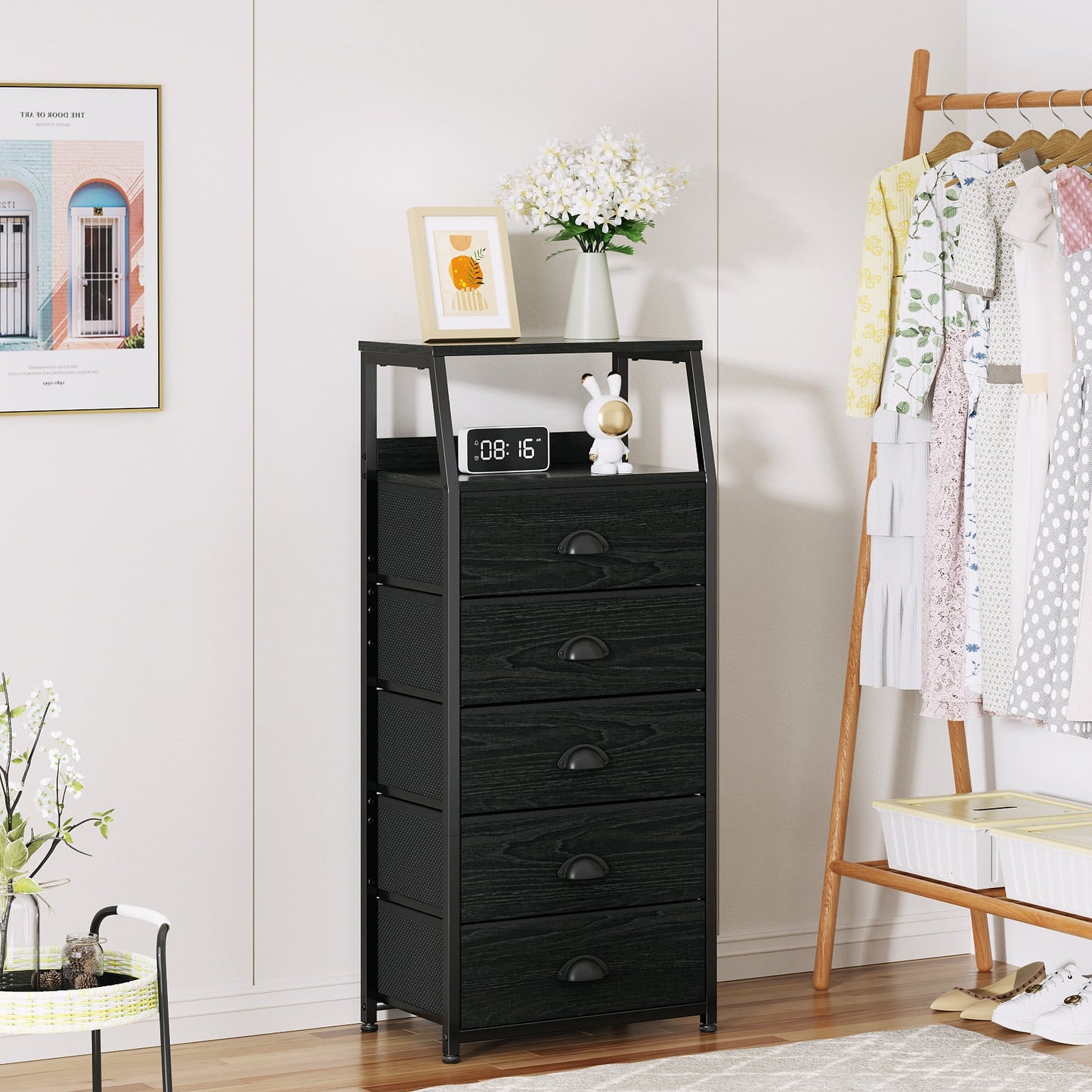 TYDIMOR Fabric Dresser for Bedroom, 5 Drawer Chest of Drawers, Black, Ideal for Adults