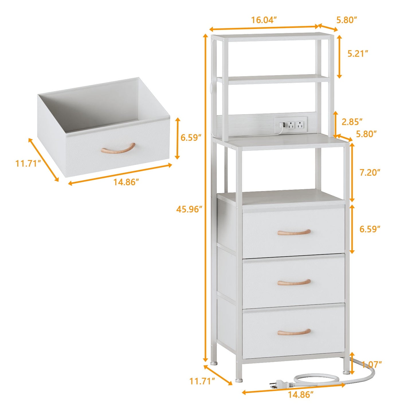 Satifur Tall Nightstand with Charging Station and LED Lights, Bedside Table with Bookshelf,3 Fabric Drawers, White