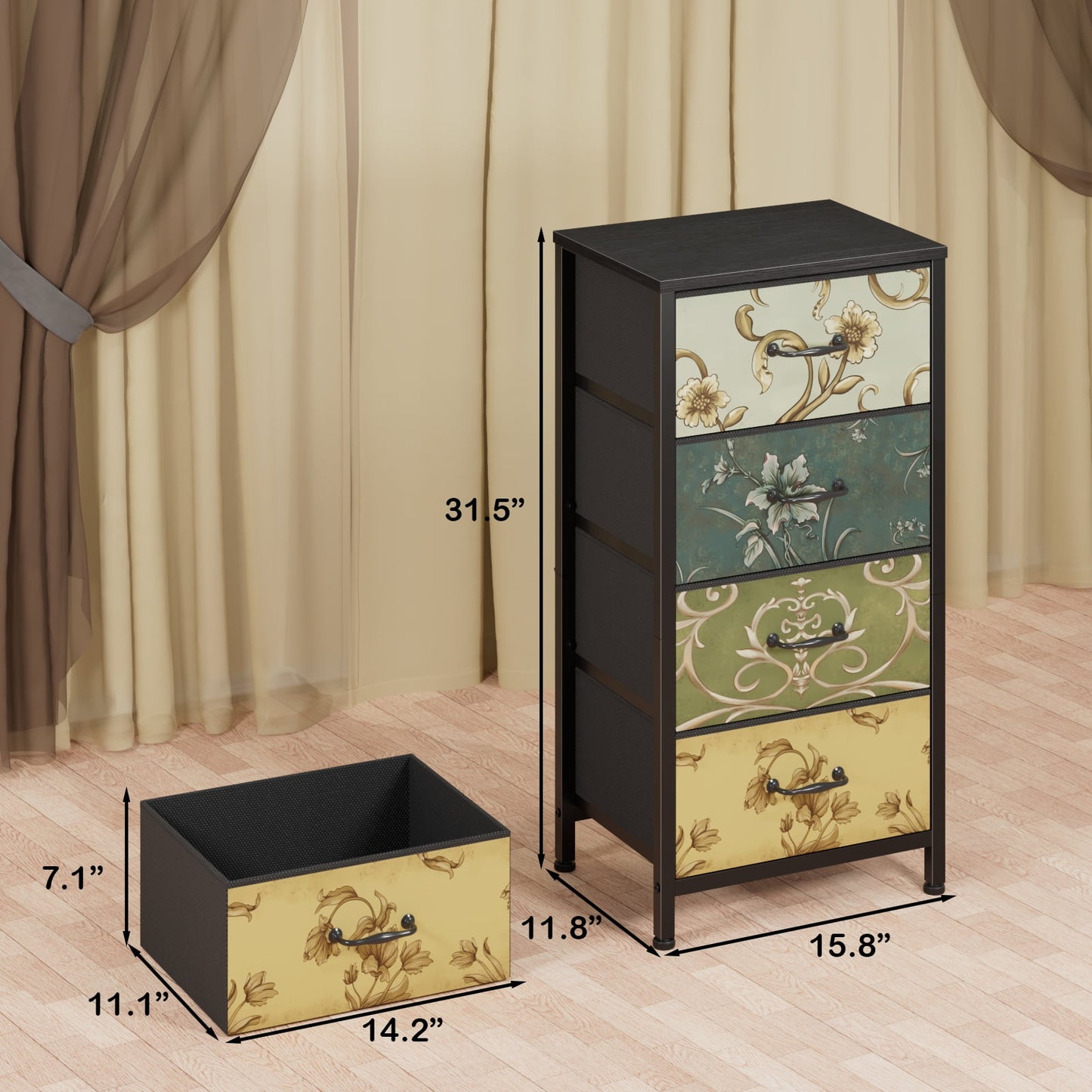 TYDIMOR Fabric Dresser for Bedroom, 4 Drawer Chest of Drawers, Retro Flower, Ideal for Adults