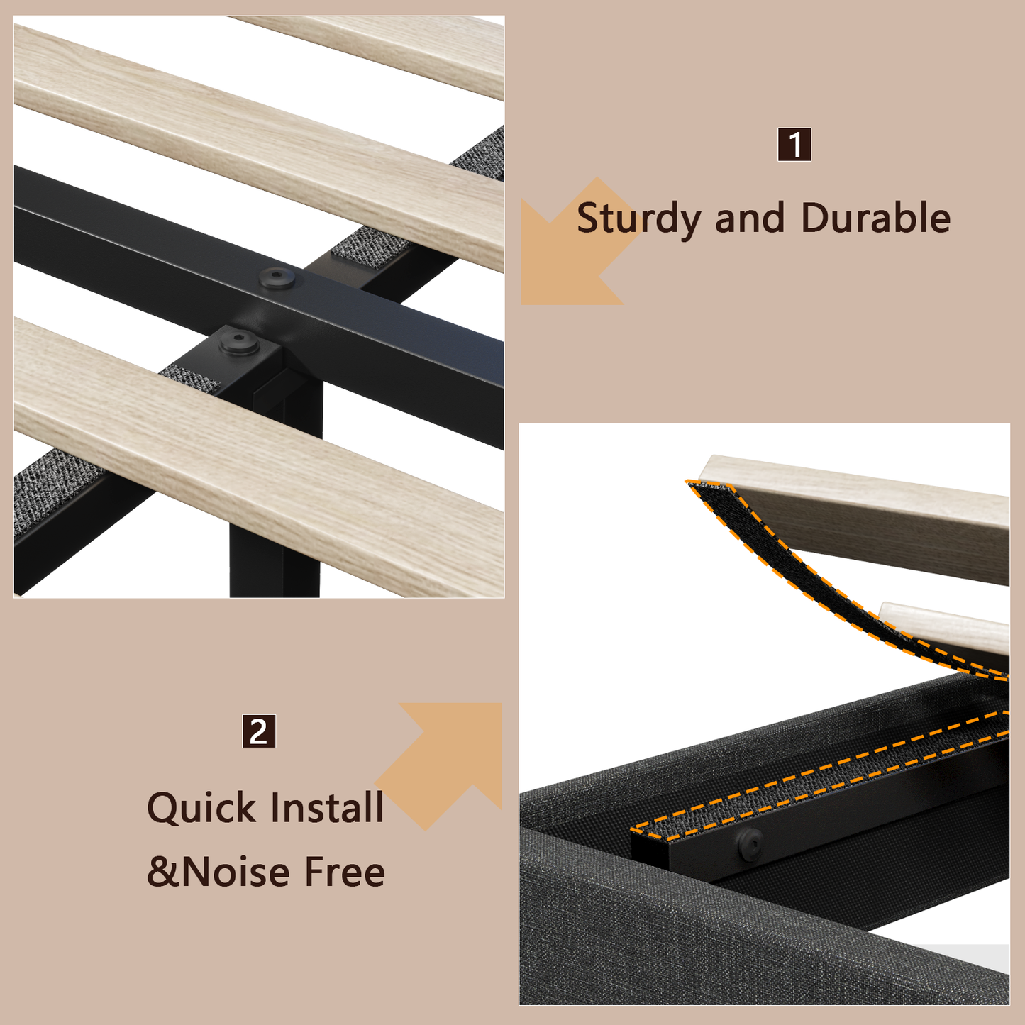 Satifur Dark Gray Bed Frame with Charge Station, Queen Size Bed Frame with LED Lights & Upholstered Headboard, No Box Spring Needed, Linen Fabric