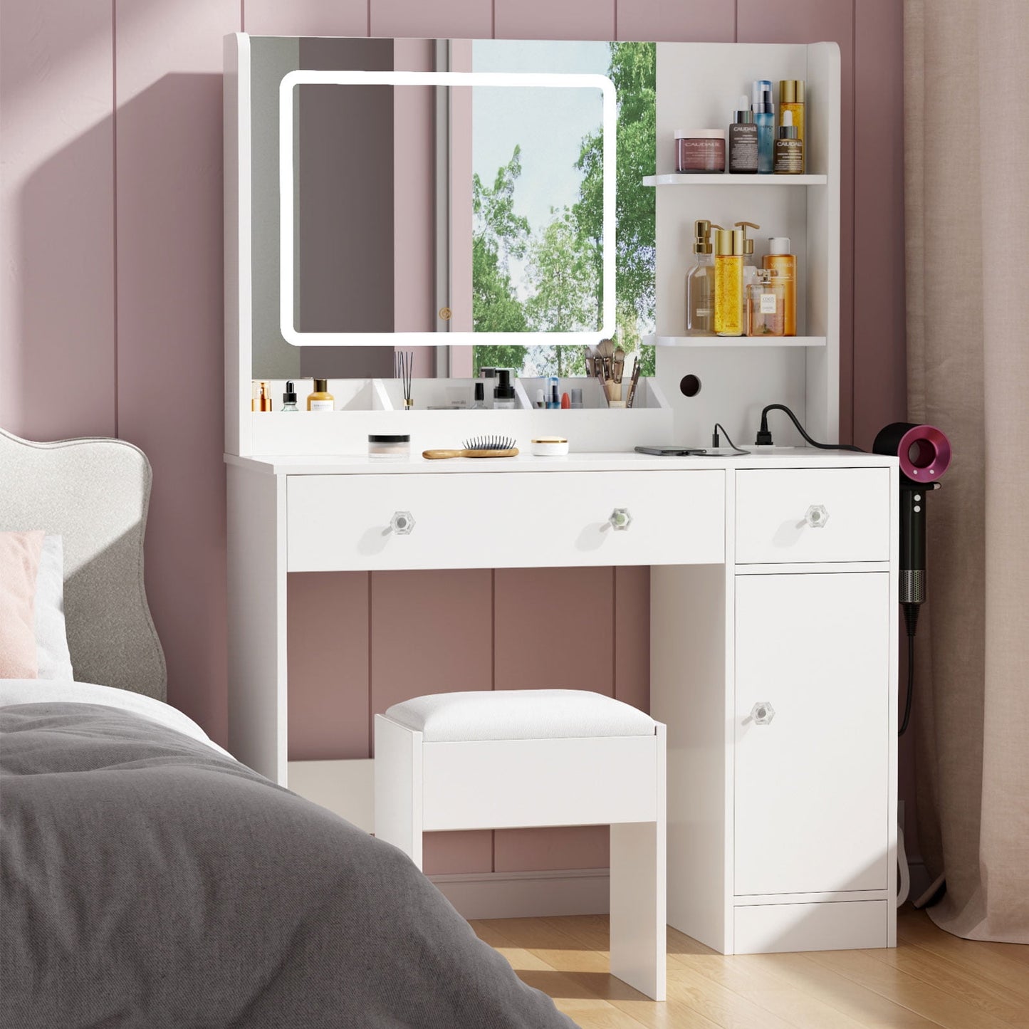 Satifur Vanity Set with Mirror & Lights, Women Makeup Table with Charging Station, Sturdy Dressing Desk with Drawers & Stool