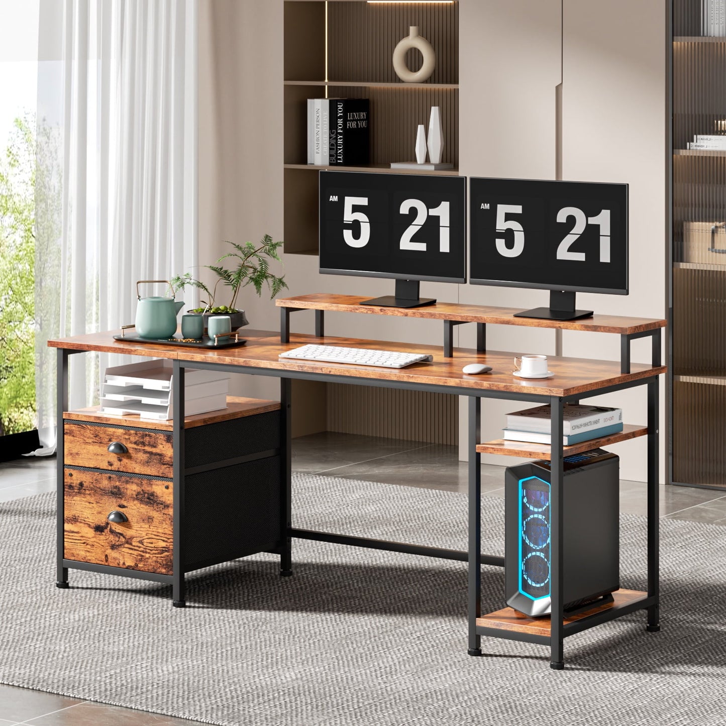 Satifur Computer Desk with Drawers & Monitor Stand, Office Desk for Dual Monitors, Adjustable Shelves, Rustic Brown