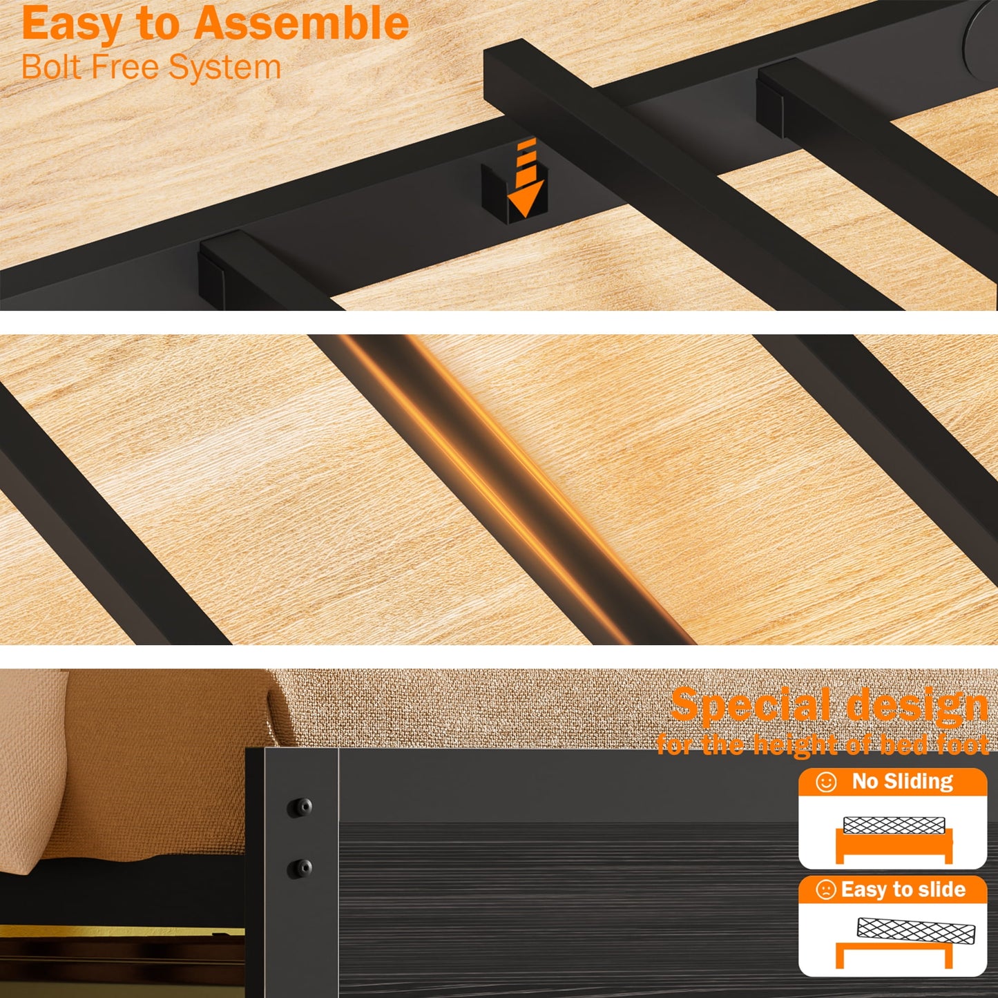 Satifur Twin Size Bed Frame with Upholstered Storage Headboard and LED Light, Platform Bed with Metal Slats, Noise Free Design