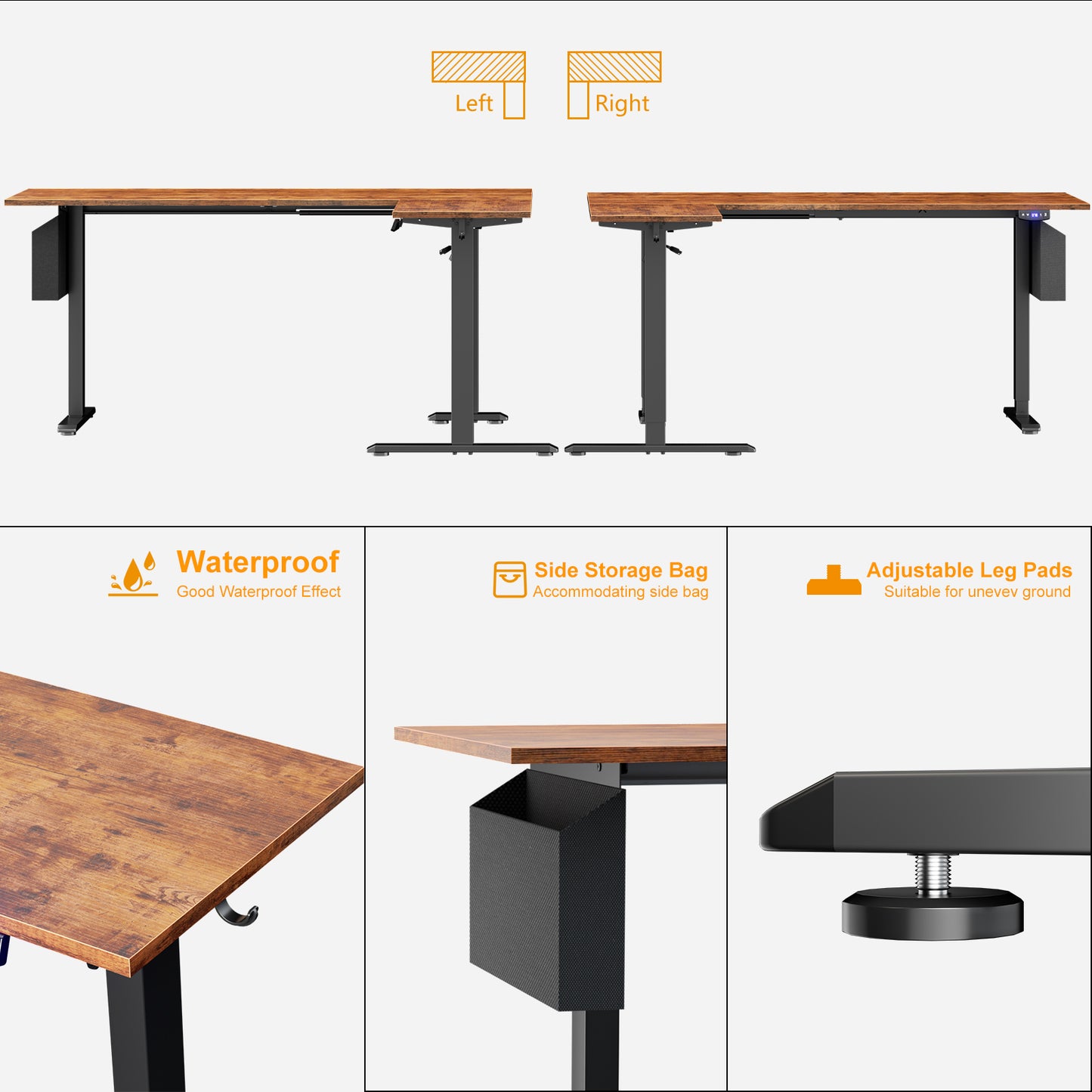Satifur Electric Standing Desk 63" L-Shaped, Ergonomic Computer Desk with Memory Preset, Height Adjustable Sit Stand Desk with Hooks & Storage, Rustic