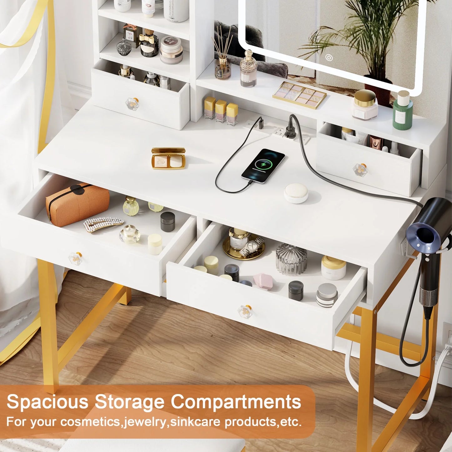 Tydimor Lighted Makeup Vanity Set, Women Dressing Table with Outlets, Vanity Desk with Drawers & Stool