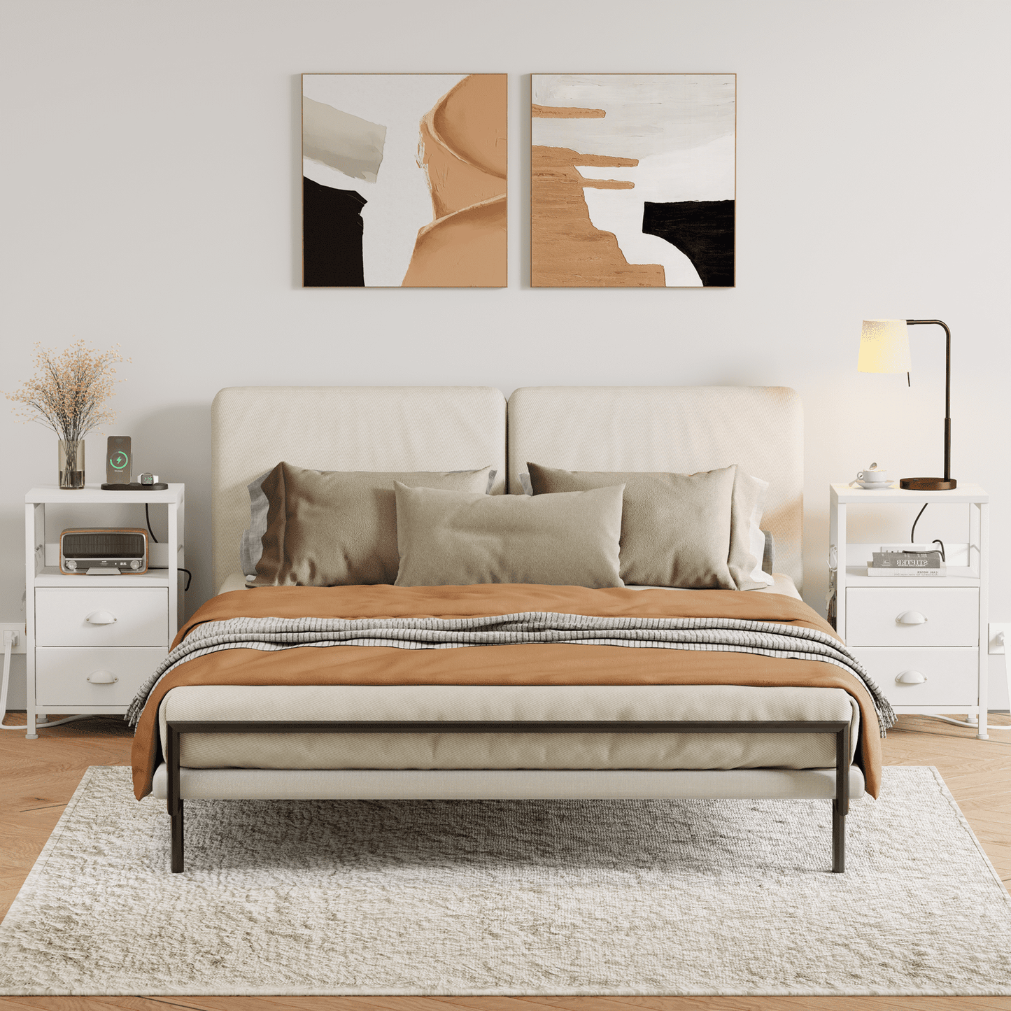 Satifur Nightstand with Charging Station, Bedside End Table with Fabric Drawers,Outlets & USB Ports, White