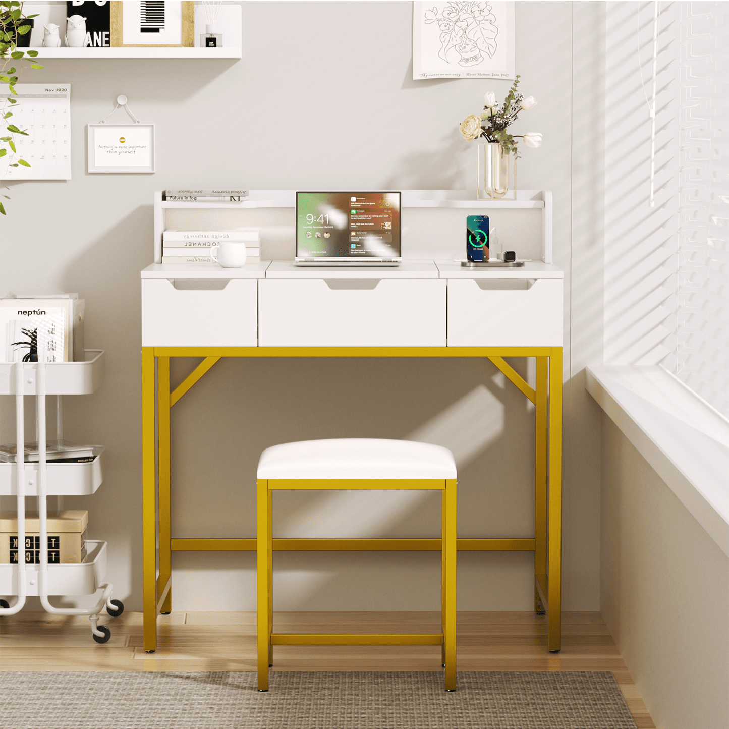 Satifur Vanity Desk 2 in 1 Design with Mirror and Charging Station Makeup Table with Chair and Storage Space