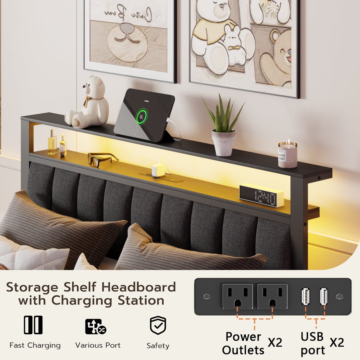 Tydimor Full Bed Frame with 2 Drawers & Storage Headboard, Platform Metal Bed with 2 USB Ports and Outlets, No Box Spring Needed