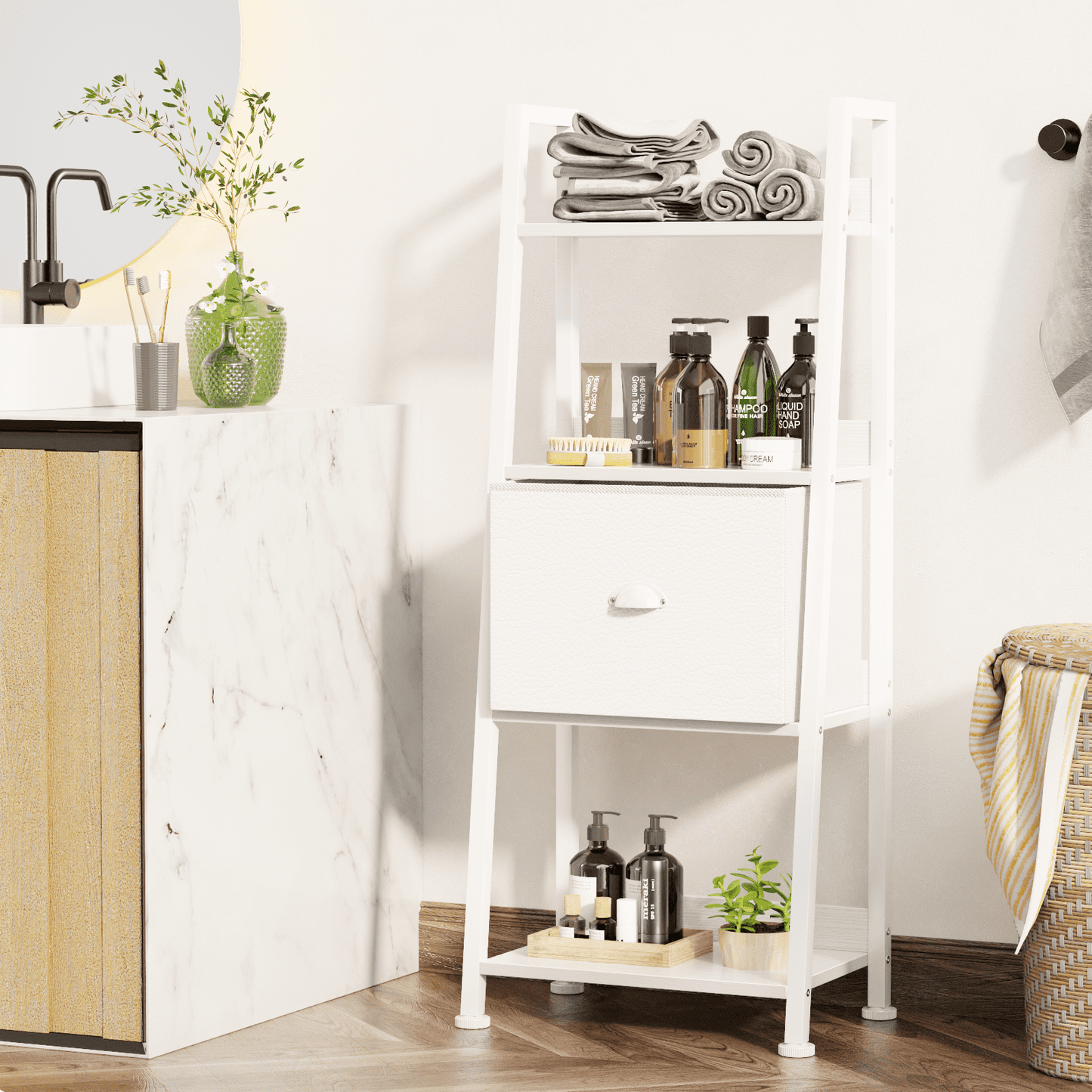 Tydimor 4-Tier Ladder Bookshelf With Drawer, Leaning Bookcase Storage Display Shelf, White