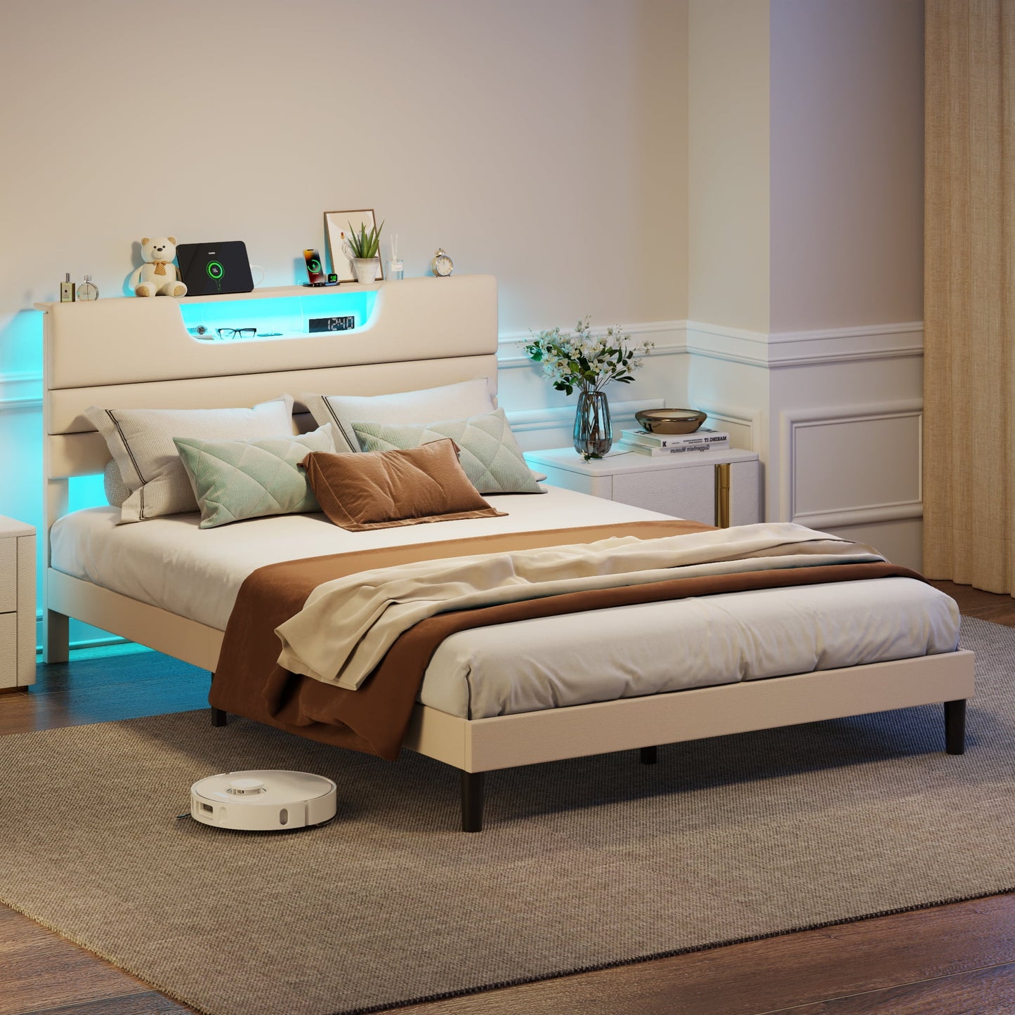 Tydimor Beige Fine Linen Fabric Bed Frame with Upholstered Headboard & Charge Station, Queen Size Bed Frame with LED Lights, No Box Spring Needed