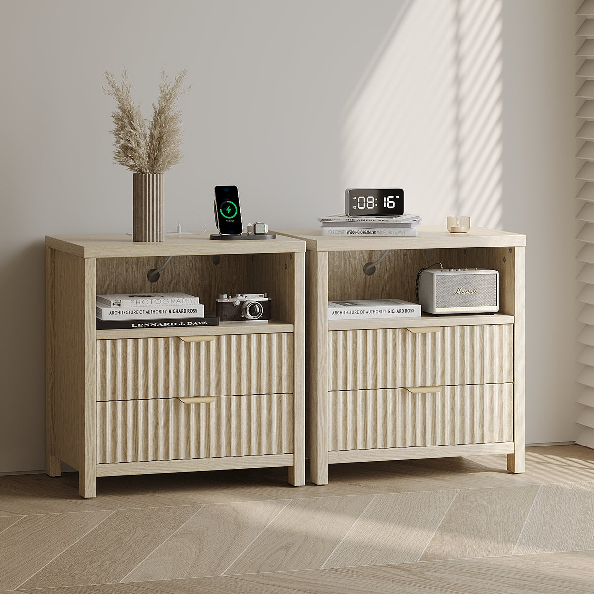 Satifur Modern Fluted Nightstand Set of 2 with Charging Station & 2 Storage Drawer for Bedroom,Light Oak Grain