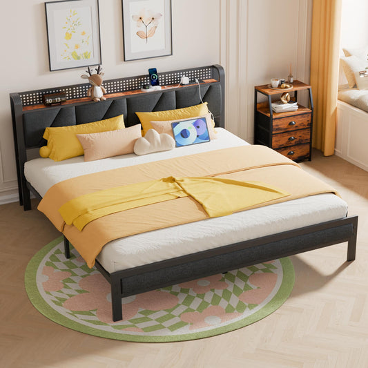 Tydimor Full Size Metal Smart Bed Frames with Upholstered Headboard, LED Lights, USB Ports and Outlets, Storage Shelves & Underbed