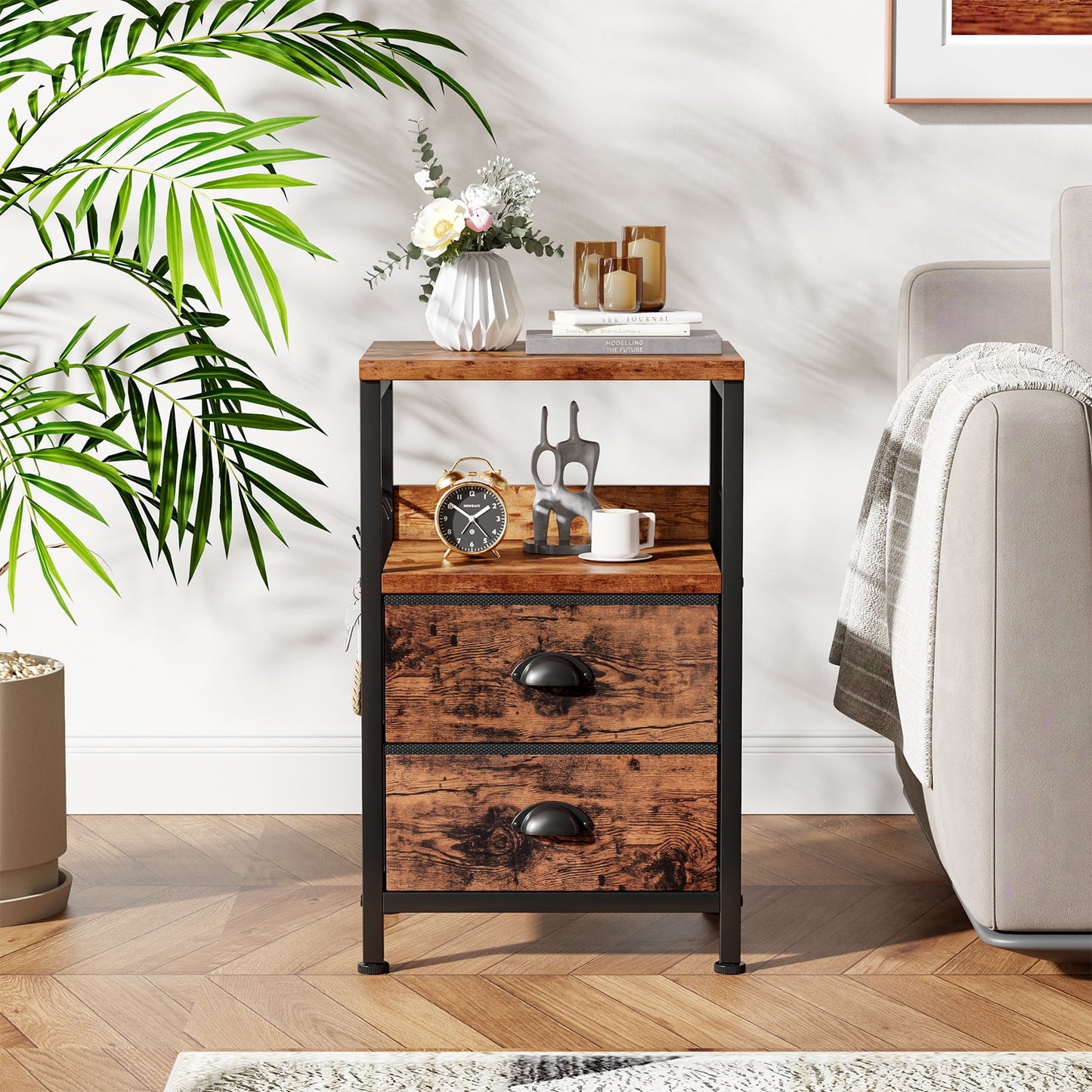 Satifur Nightstand with 2 Fabric Drawers & Shelf, Bedside End Table for Bedroom, Rustic Brown