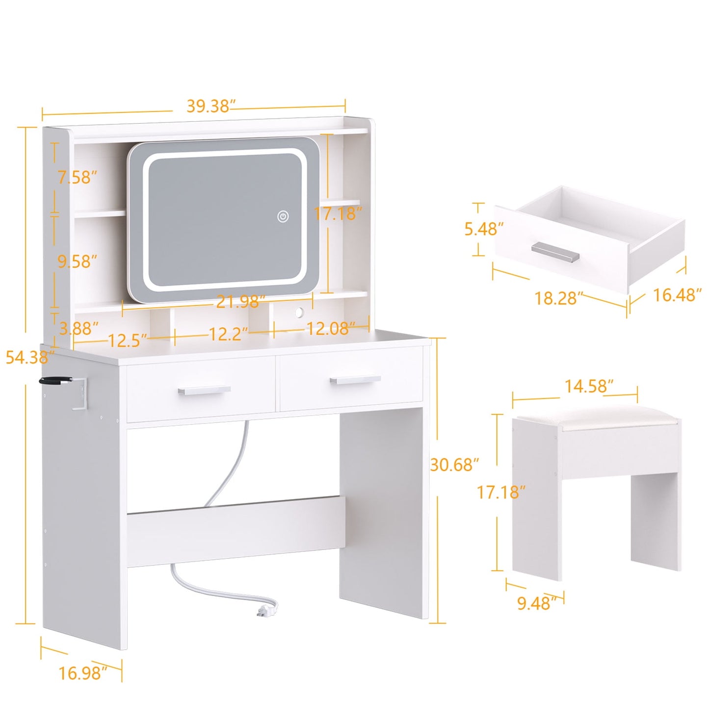 Satifur Vanity Desk with Slide Mirror and Lights, White Makeup Vanities Table and Stool Set with Charging Station and Drawers for Bedroom