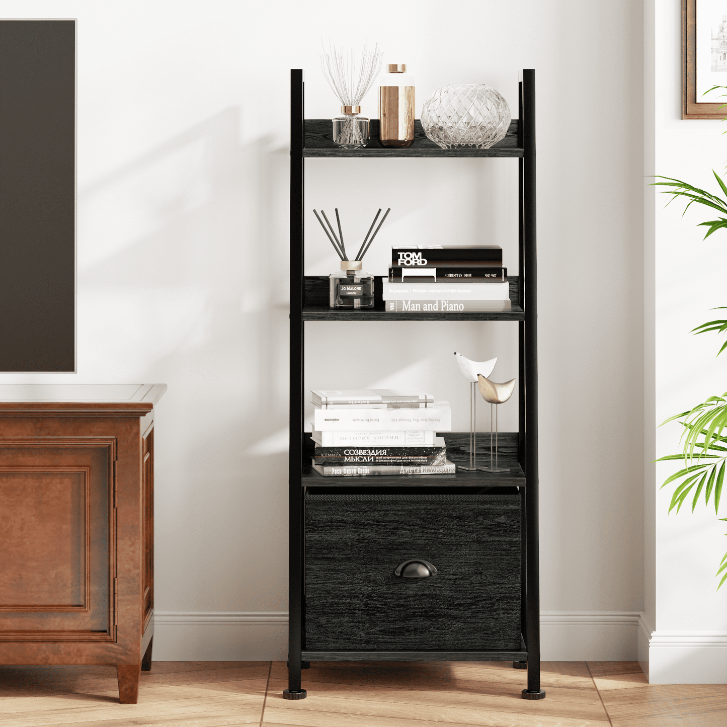 Tydimor 4-Tier Ladder Bookshelf With Drawer, Leaning Bookcase Storage Display Shelf, Black Oak