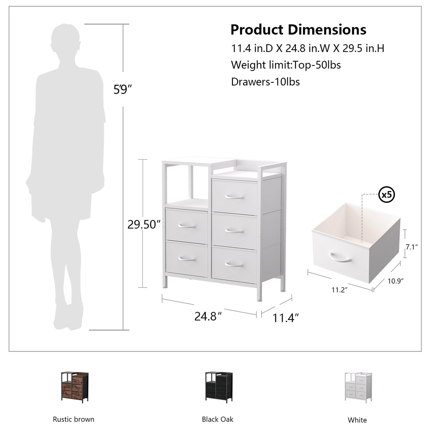 TYDIMOR 5 Drawer Fabric Dresser for Bedroom, White Chest for Closet & Living Room, Ideal for Adults