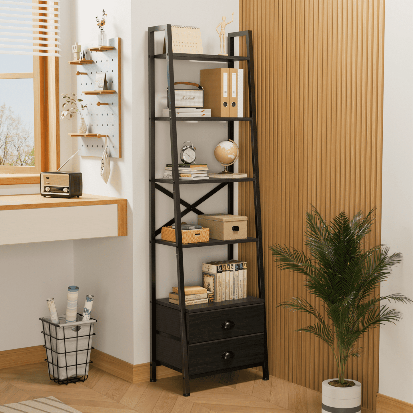 Tydimor 5-Tier 64"H Industrial Bookshelf with 2 Removable Drawers Narrow Bookcase for Living Room,Black Oak