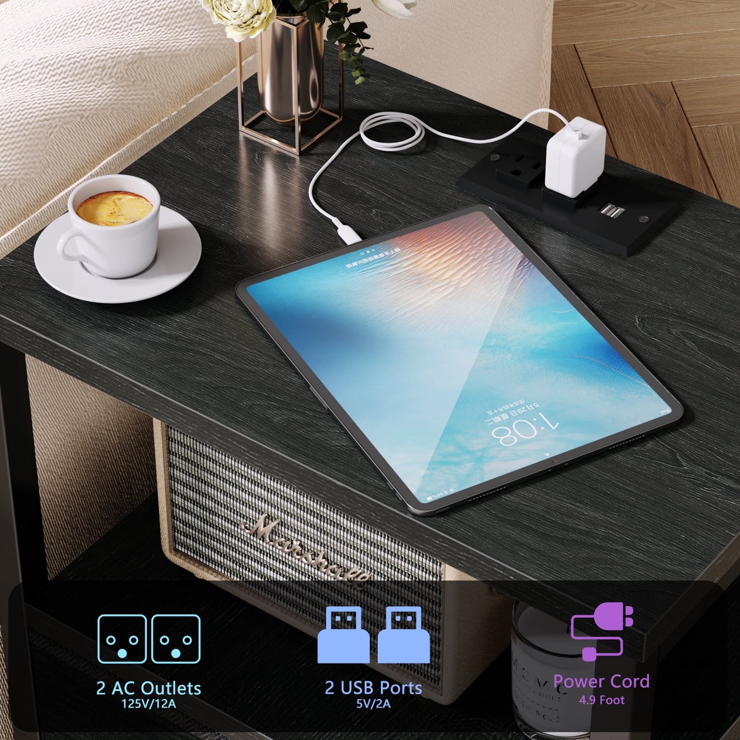 Satifur Bedside Table with Charging Station,Set of 2 LED Nightstand with 2 Fabric Drawers,Black Oak