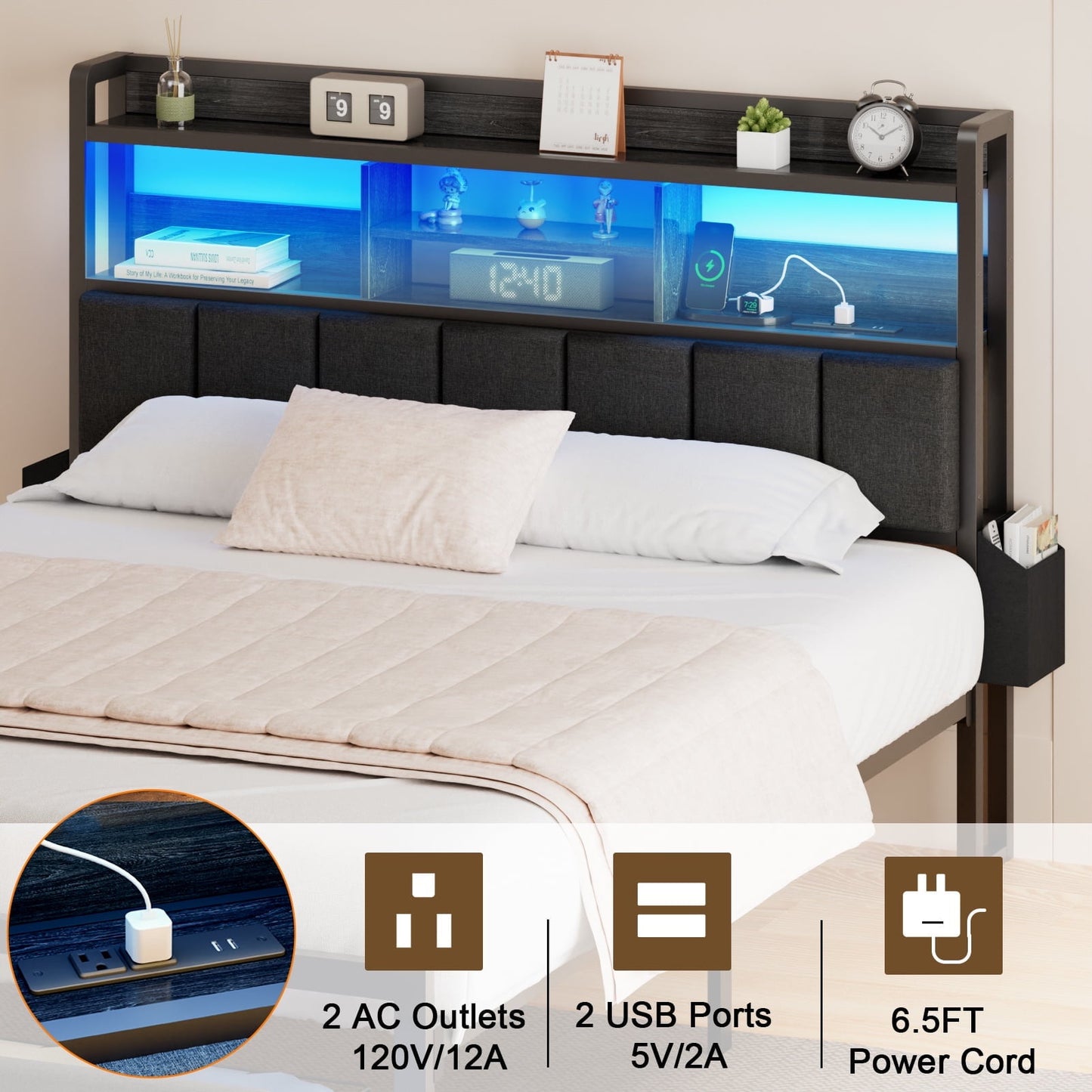 Hexmn Queen Size Bedroom Furniture Sets with Upholstered Storage Headboard & Outlets, LED Lights Standard Bed con Cajones, Niose Free