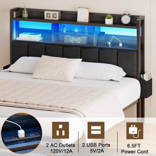 Hexmn Queen Size Bedroom Furniture Sets with Upholstered Storage Headboard & Outlets, LED Lights Standard Bed con Cajones, Niose Free
