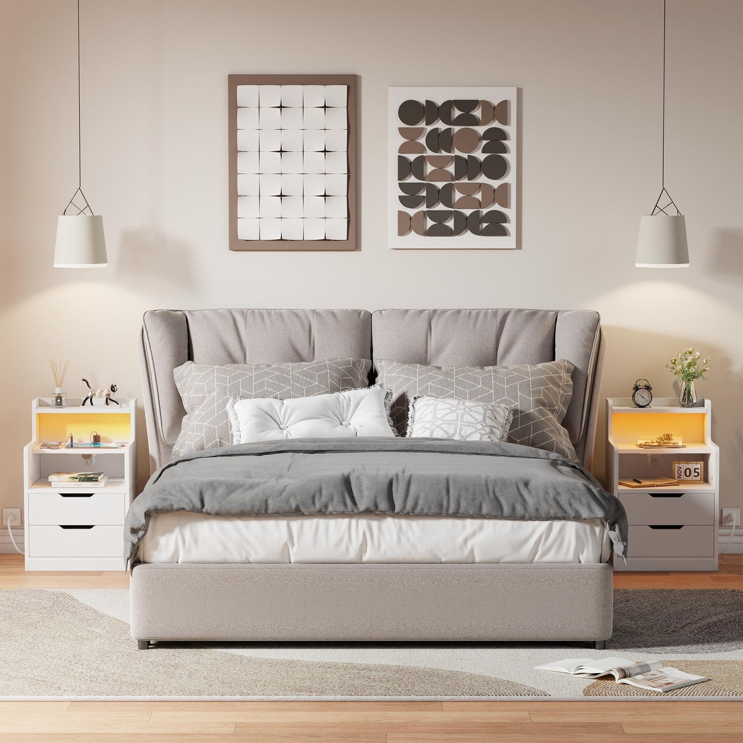 Satifur White Nightstand with Charging Station,LED Nightstand with 2 Drawers Bed Side Table,White