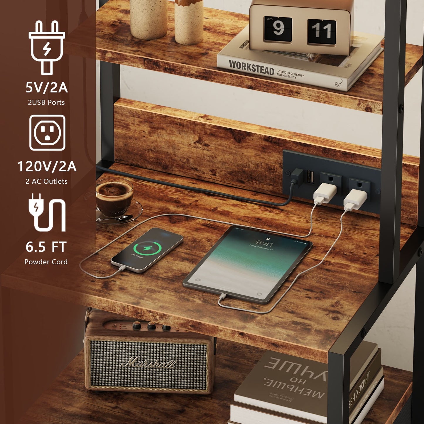 Satifur Tall Nightstand with Charging Station and LED Lights, Bedside Table with Bookshelf,3 Fabric Drawers, Rustic Brown