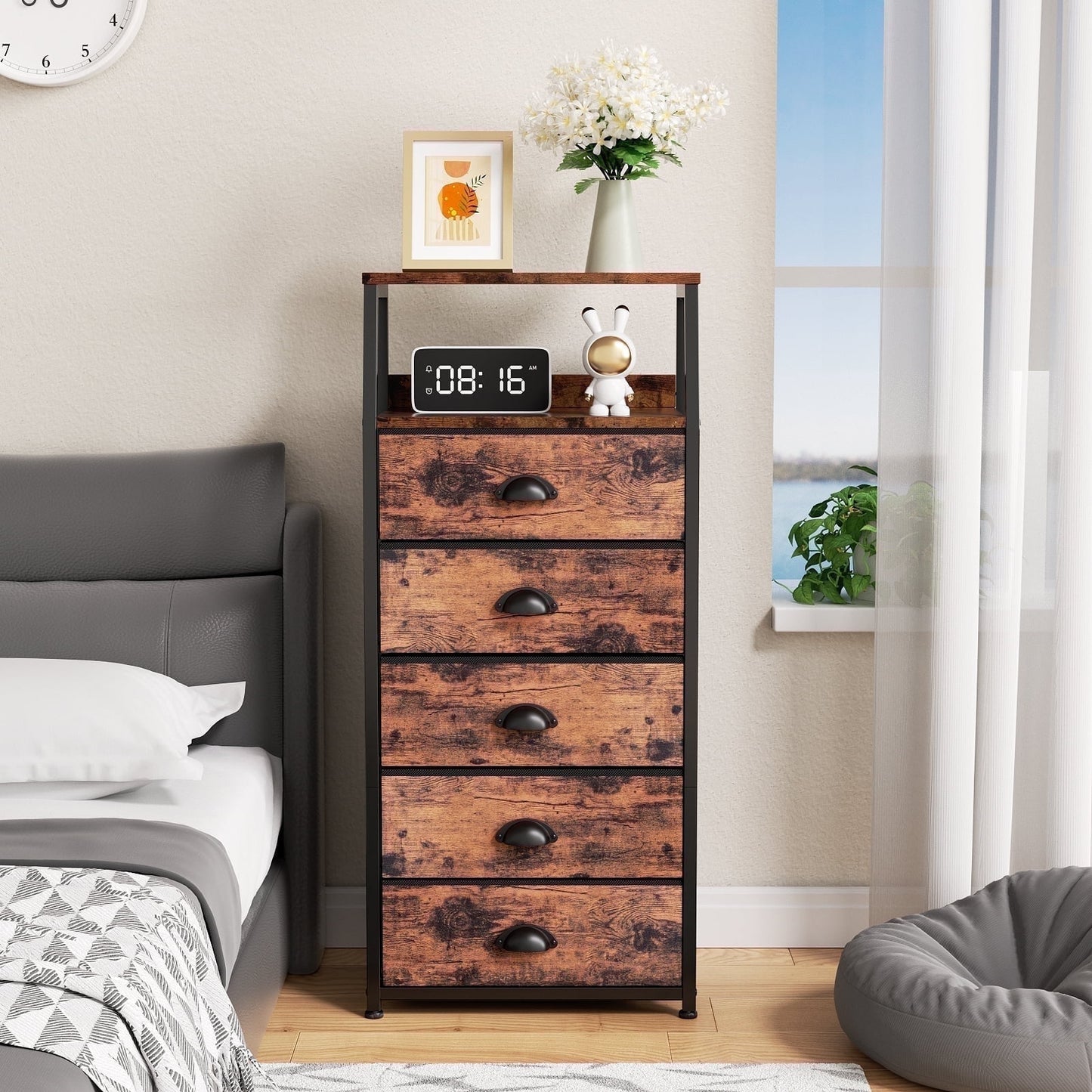 TYDIMOR Fabric Dresser for Bedroom, 5 Drawer Chest of Drawers, Browun, Ideal for Adults