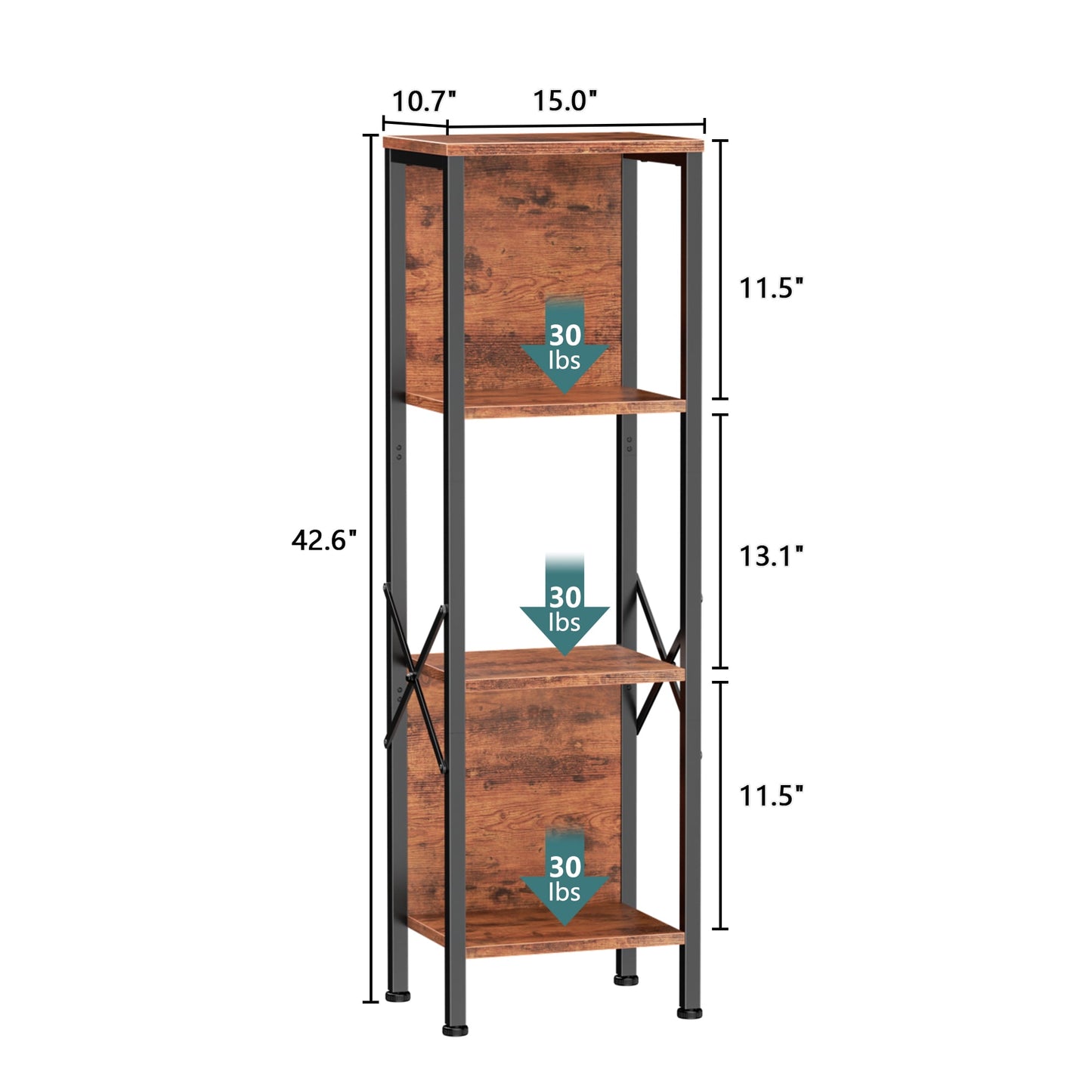 Satifur Bookshelf with 2 Large Backboards, Narrow Bookcase for Space Saving, Industrial Bookshelf with 4 Shelves for Office, Bathroom, Bedroom,Rustic Finish