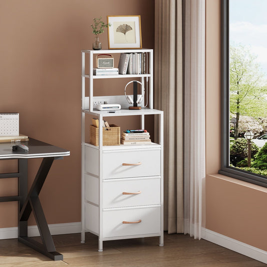 Satifur Tall Nightstand with Charging Station and LED Lights, Bedside Table with Bookshelf,3 Fabric Drawers, White