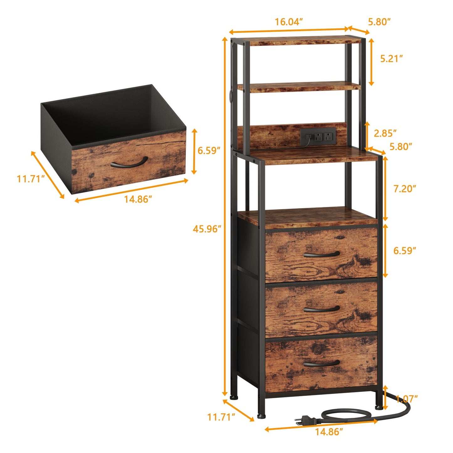 Satifur Tall Nightstand with Charging Station and LED Lights, Bedside Table with Bookshelf,3 Fabric Drawers, Rustic Brown