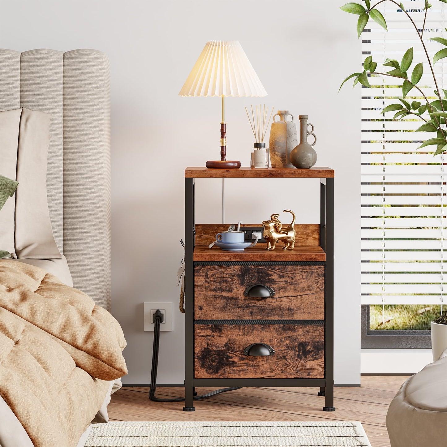 Satifur Nightstand with Charging Station, Bedside End Table with Fabric Drawers,Outlets & USB Ports, Rustic Brown