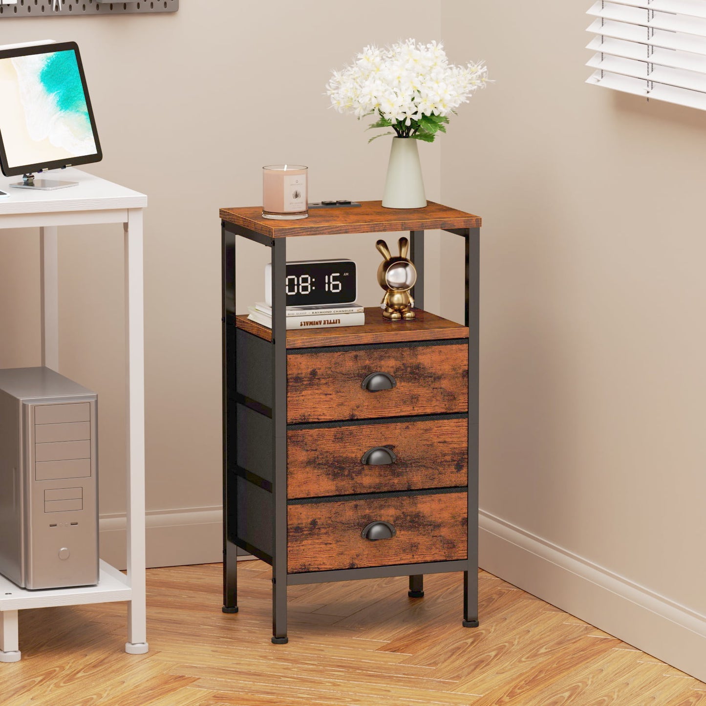 Satifur Nightstand with Charging Station Bedside Table with Fabric Storage Drawers, Rustic Brown