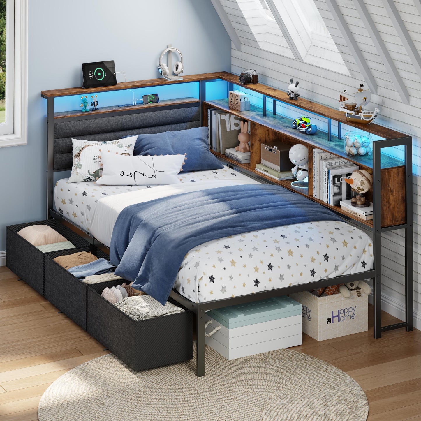 Satifur L-Shaped Corner Bed Frame with 3 Storage Drawers, 3 Cubbies & Double-Layer Shelf, LED Lights & Power Outlet, Corner Twin Beds for Living Room, Bedroom and Guest, Rustic Brown