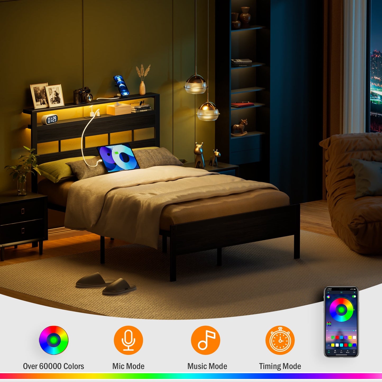 Hexmn Bed Frame Full No Sound with Storage Underbed & Headboard, Cama Full Size Bed Frame with Lights, Niose Free