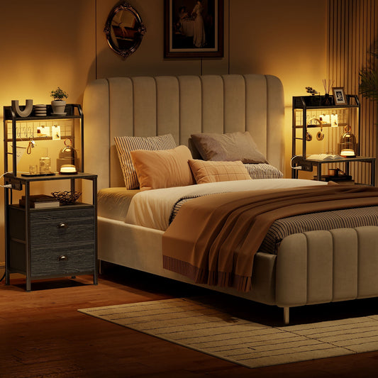 Satifur Tall Nightstand with Hutch, Charging Station, Pegboard & Drawers,Multifunctional Bedside Table with USB Ports, Black Oak