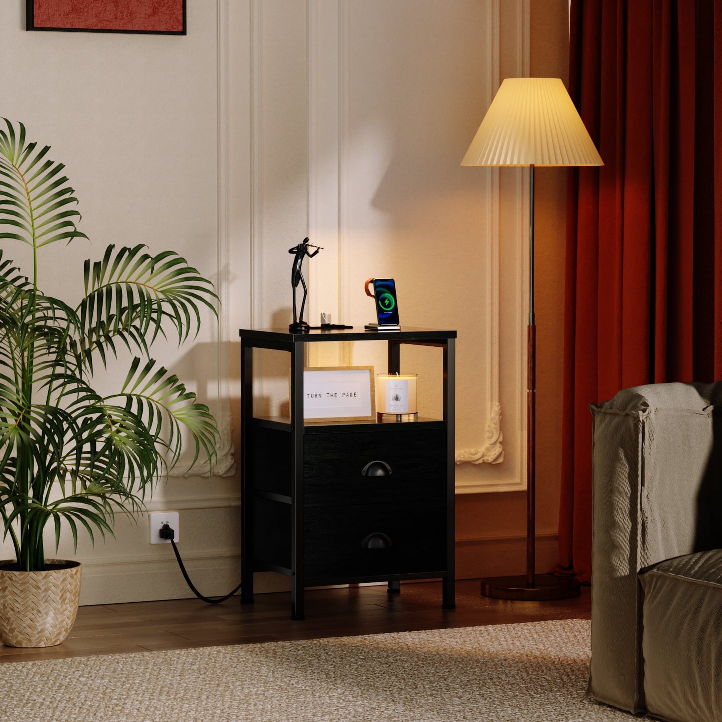 Satifur Bedside Table with Charging Station,Set of 2 LED Nightstand with 2 Fabric Drawers,Black Oak