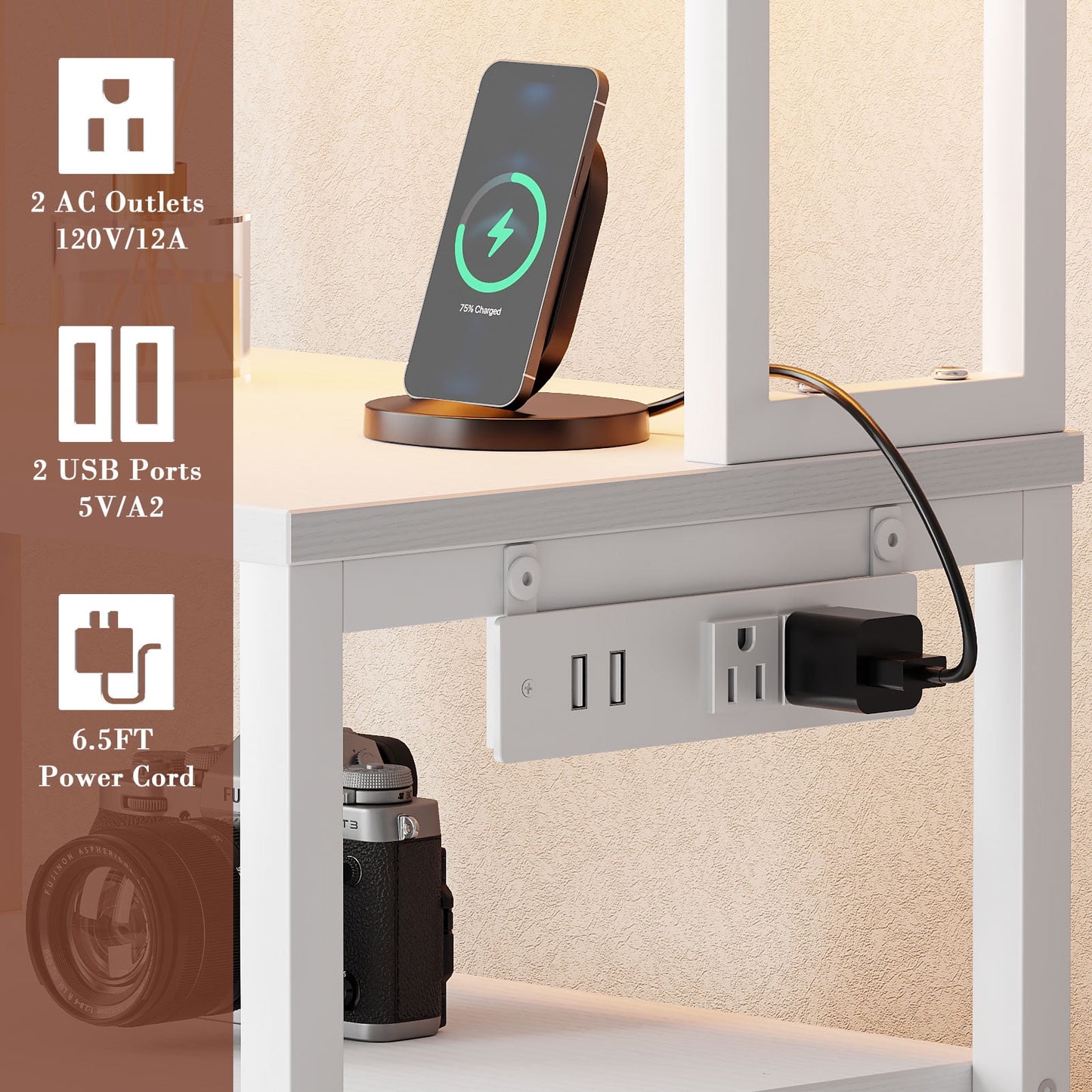 Satifur Tall Nightstand with Hutch, Charging Station, Pegboard & Drawers,Multifunctional Bedside Table with USB Ports,White