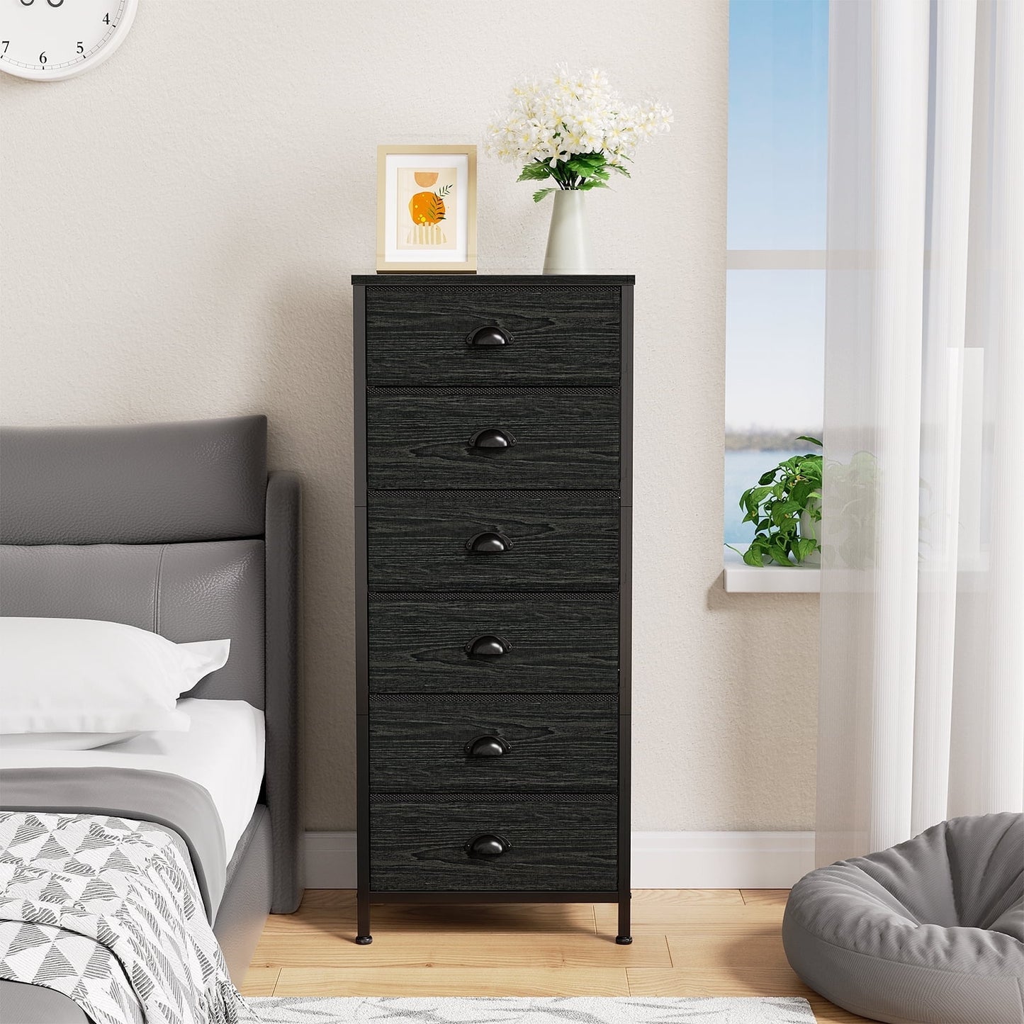 Tydimor 6 Drawer Dresser,Chest of Drawers for Bedroom Tall Fabric Dresser,Black Oak