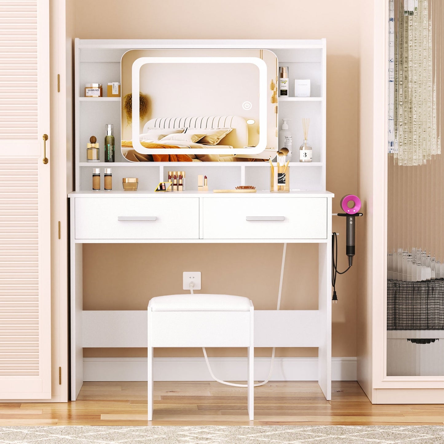 Satifur Vanity Set with Sliding Mirror & Lights, Women Dressing Table with Outlets, Makeup Vanity Desk with Drawers & Stool