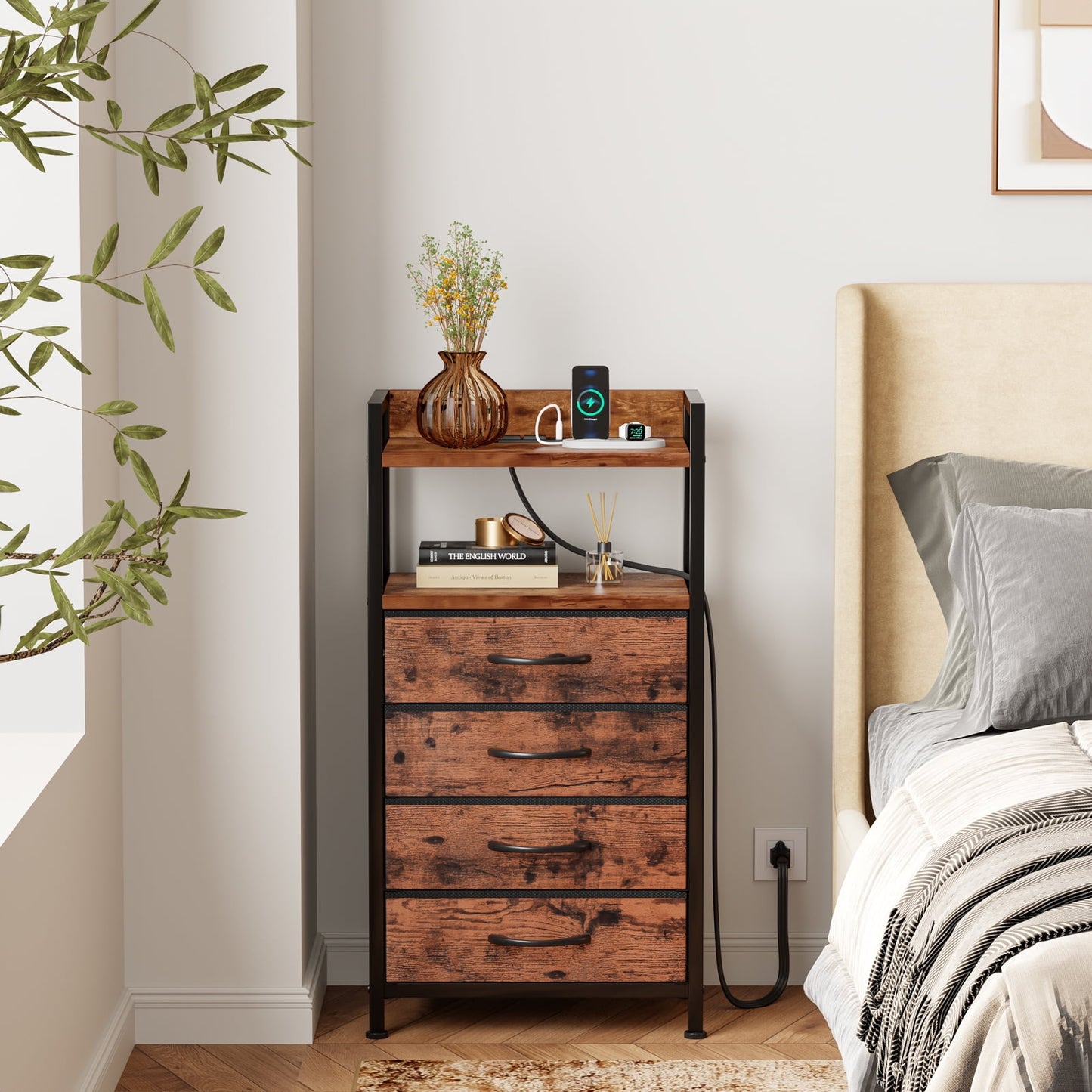 TYDIMOR 4 Drawers Vertical Dresser Bedroom Living Room Fabric Storage Tower Organizer, Rustic Brown