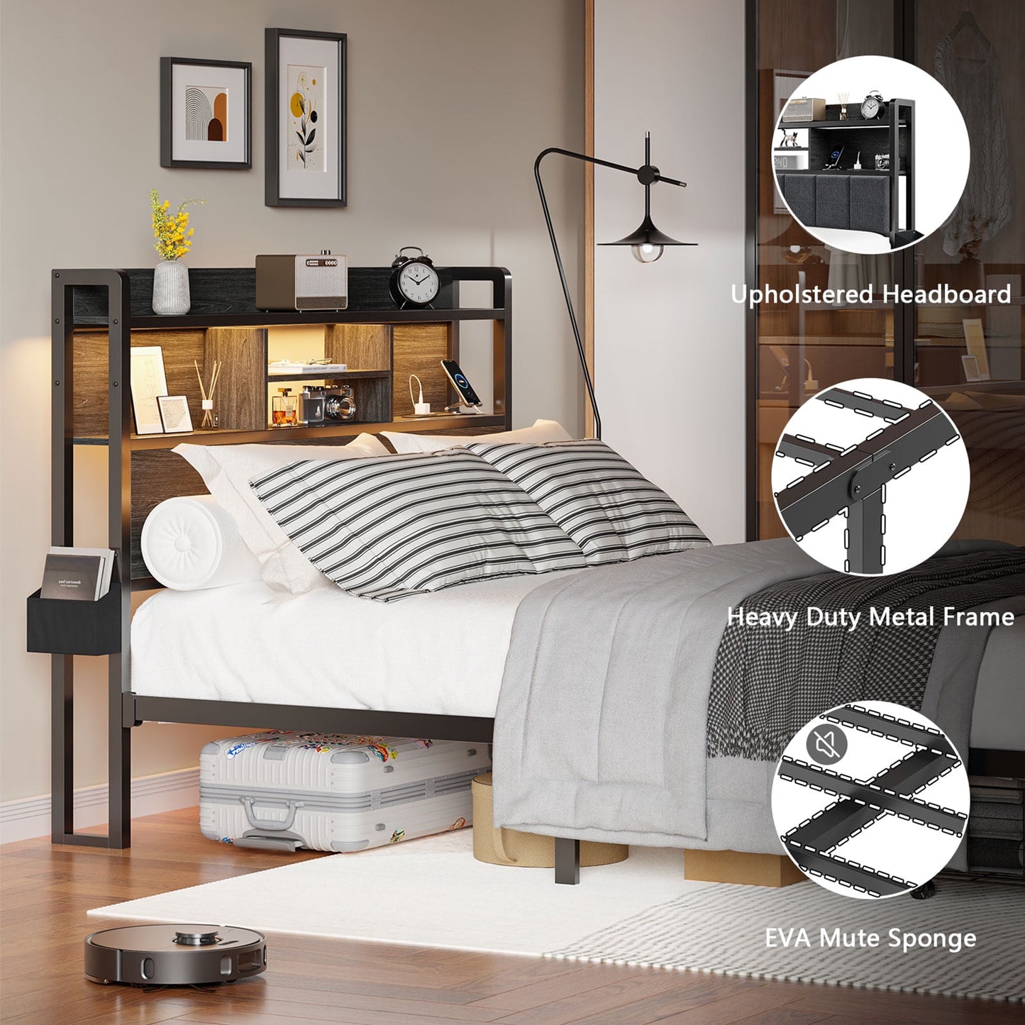 Satifur Queen Size LED Light Bed Frame with Storage Shelf and USB Ports, Full Bed with Drawers and RGB LED Lights