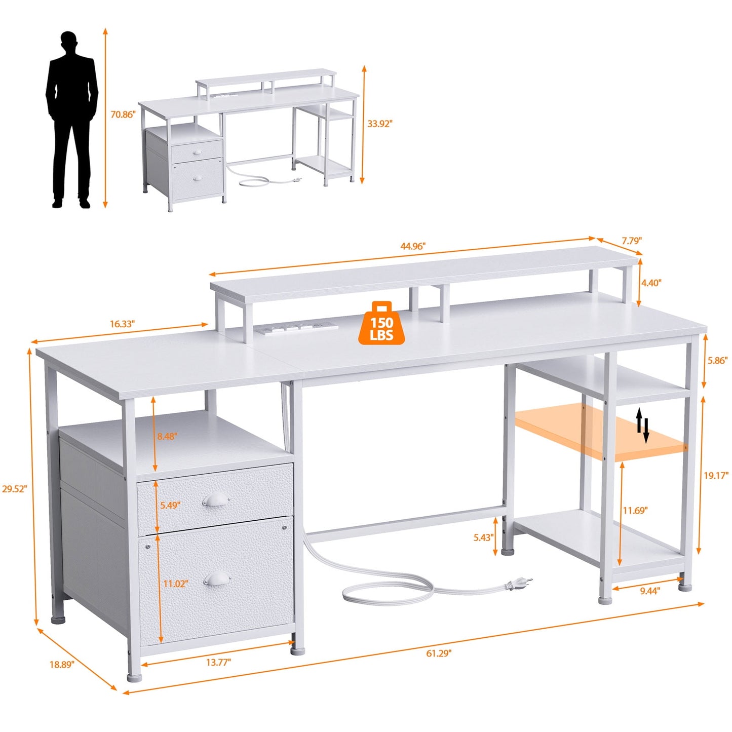Furologee Gaming Desk with LED Light & Power Outlets, Reversible Computer Desk with File Cabinet & Drawer, White Writing Table with Dual Monitor Stand for Home/Office