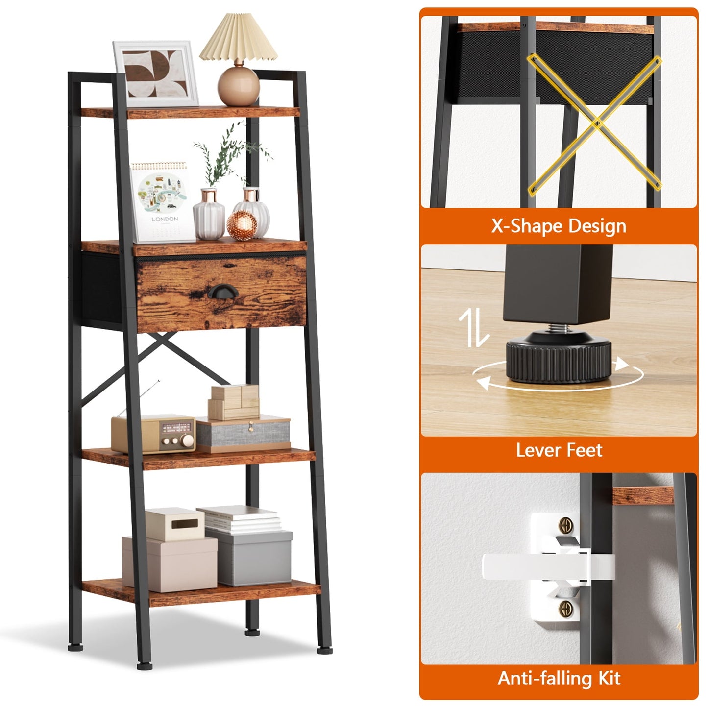 Tydimor 4-Tier 47.6"H Ladder Bookshelf with Removable Drawers Narrow Bookcase for Living Room,Rustic Brown