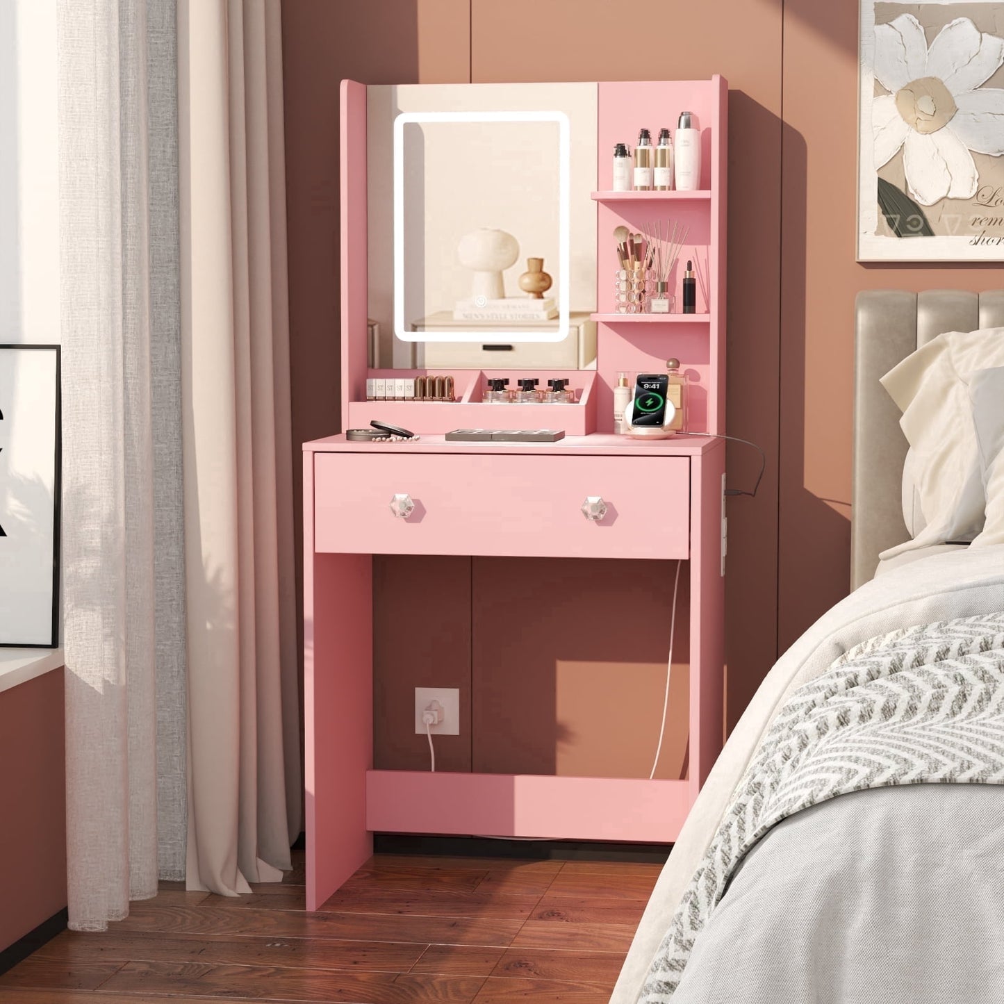 Satifur Vanity Desk with Mirror & Lights, GRWM Vanity with Drawers & Storage Shelves, Makeup Dressing Table with Charging, Pink