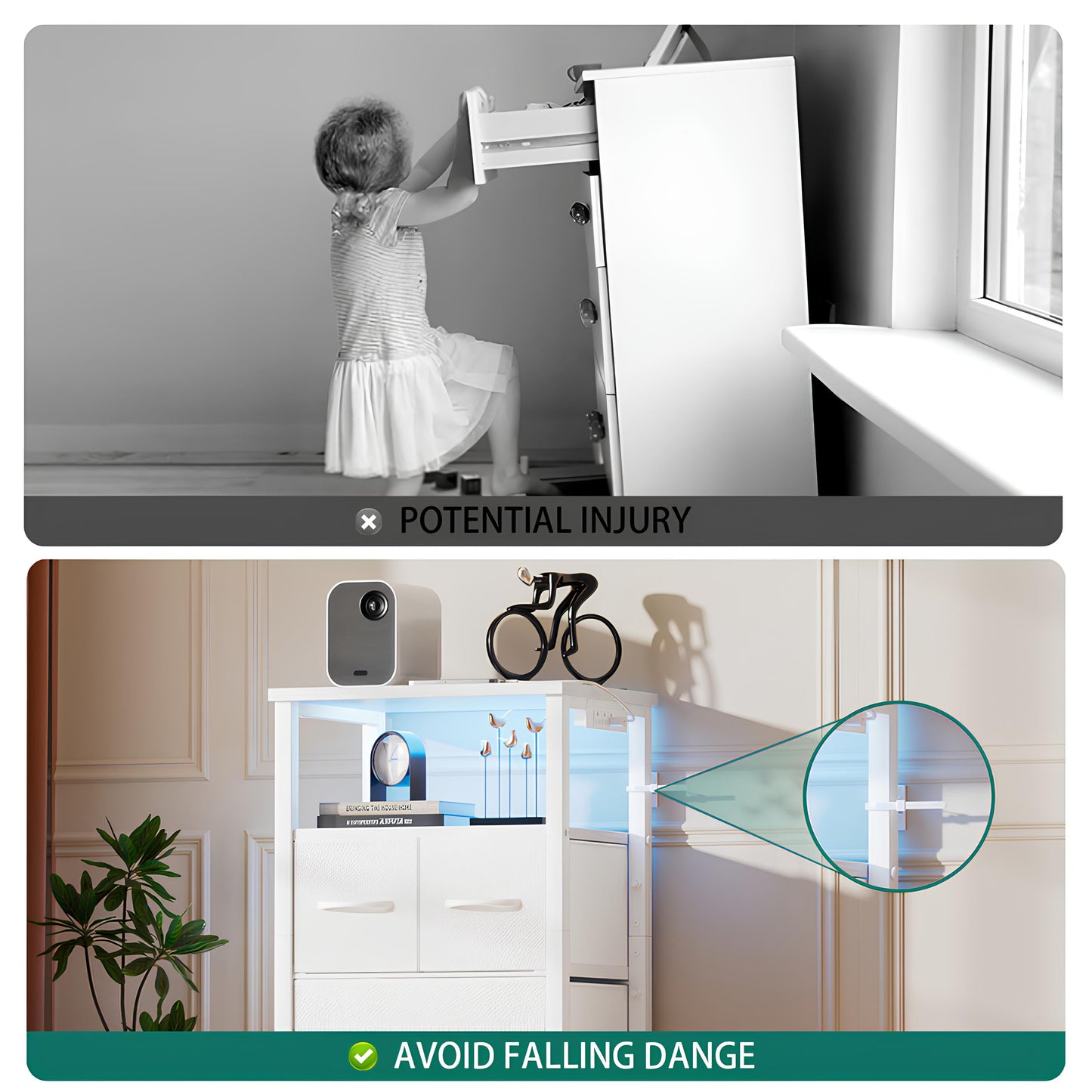 TYDIMOR 4 Drawer Dresser,Small Dresser with Charging Station and LED, White, for Bedroom and Living Room