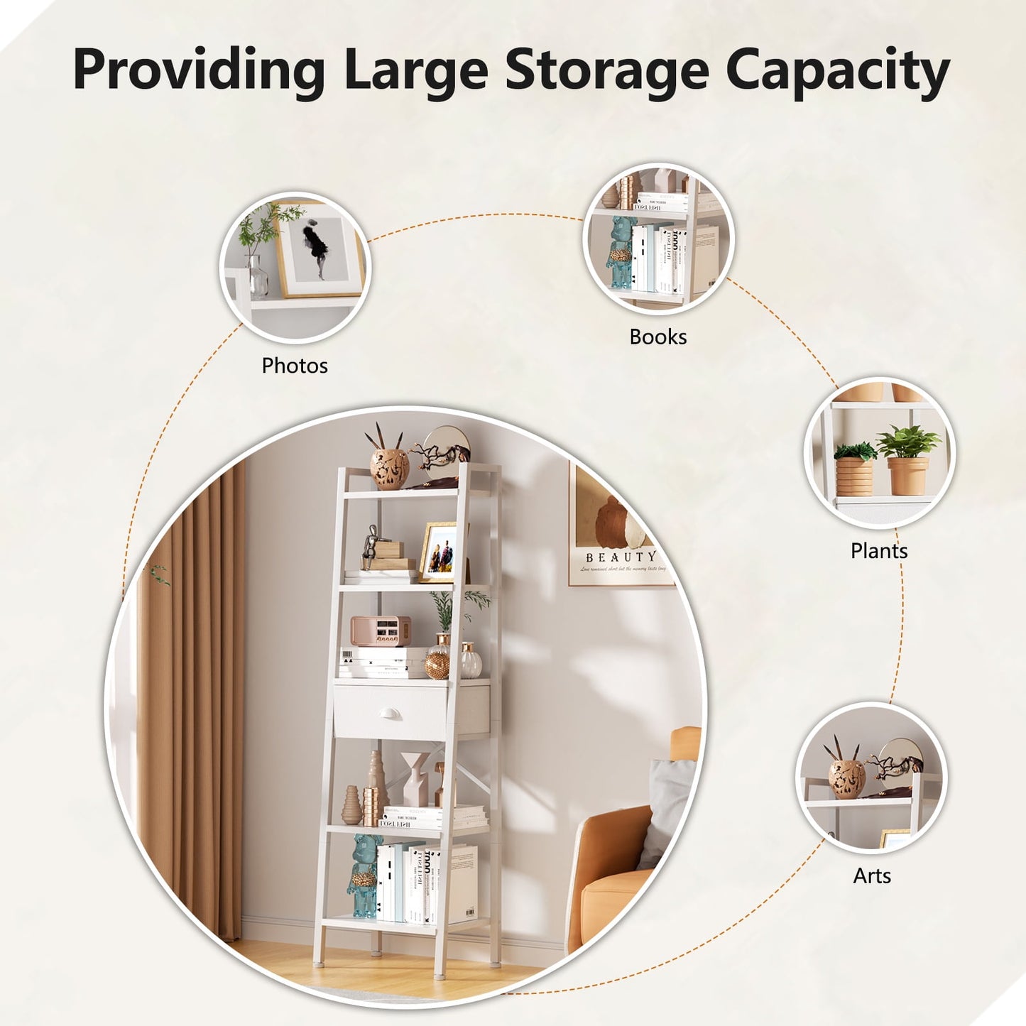 Tydimor 5-Tier 59.5" Ladder Bookshelf with Removable Drawers Narrow Bookcase for Living Room,White