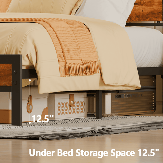 Satifur Full Size Platform Bed Frame with USB Charging Station, Storage Headboard & LED Lights, Metal Bed Frame, Vintage Brown