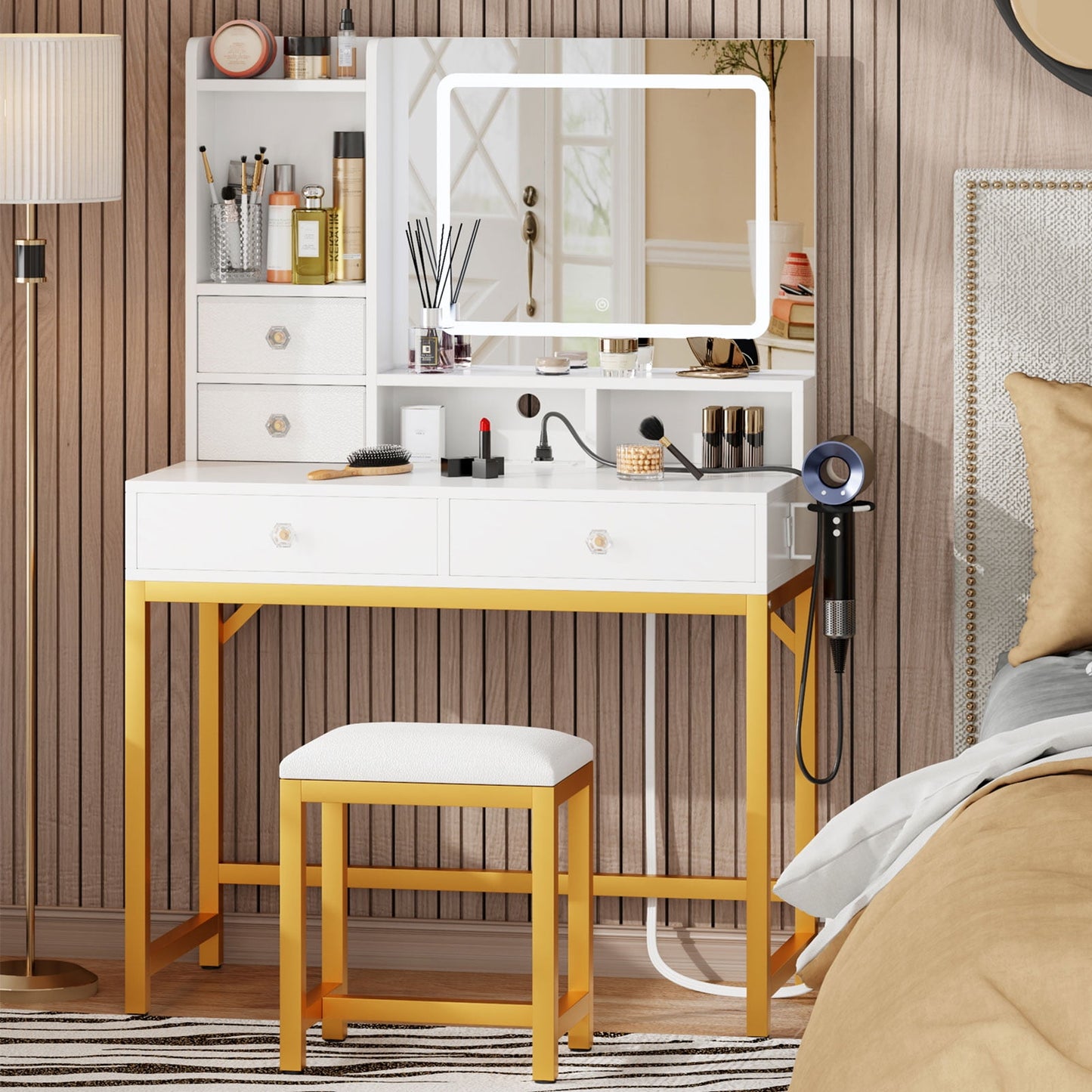 Satifur Vanity Desk Set with Light Mirror & Power Outlet, Makeup Table with Drawers, Adjustable Cabinet/Makeup Vanity Stool for Women, Girls