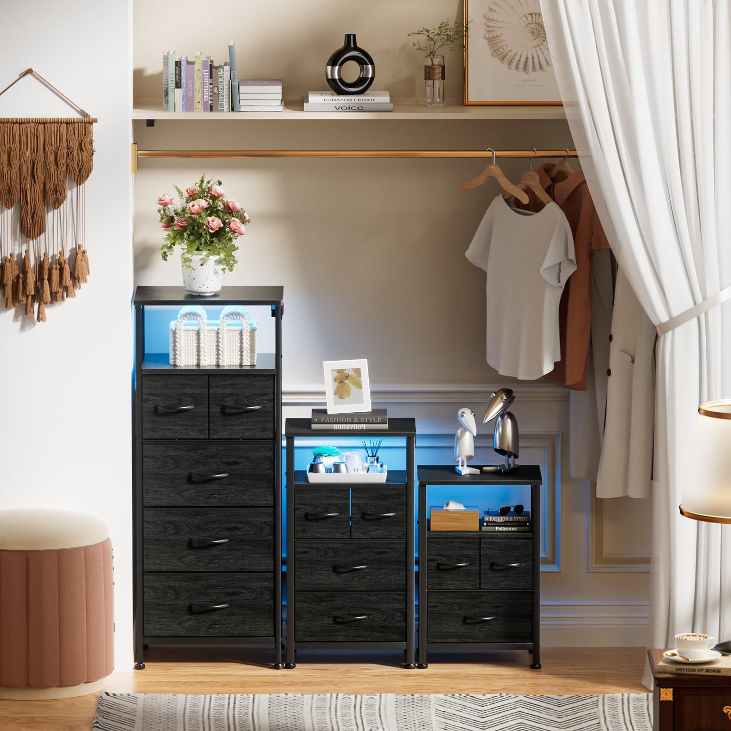 Satifur Chest of Drawers with Charging Station,LED Nightstand with 4 Fabric Storage Drawers, Black Oak